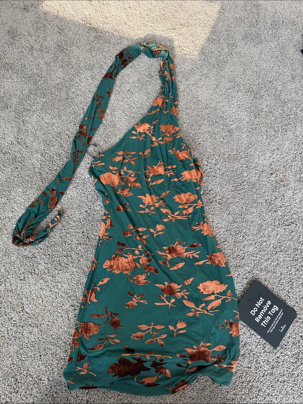 Lulu's Teal Floral Halter Dress with Copper Accents